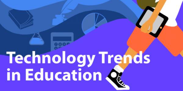 A Blue Colored Image that shows the text Technological Trends in Education with a student keep a lap in his hand